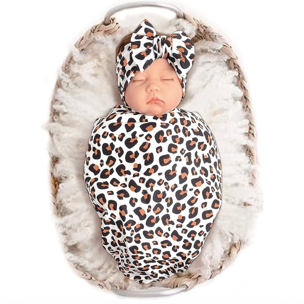 Konssy Leopard Print Baby Girl Newborn Receiving Blanket & Headband Set